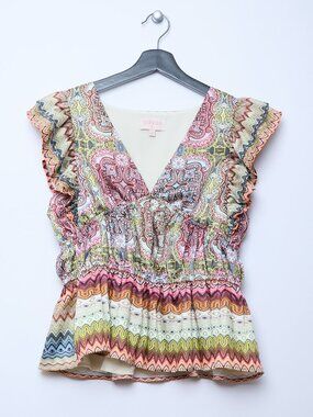 CIEBON Joulie Peplum Satin Shirred Waist Flutter Short Sleeve Top Multi Small